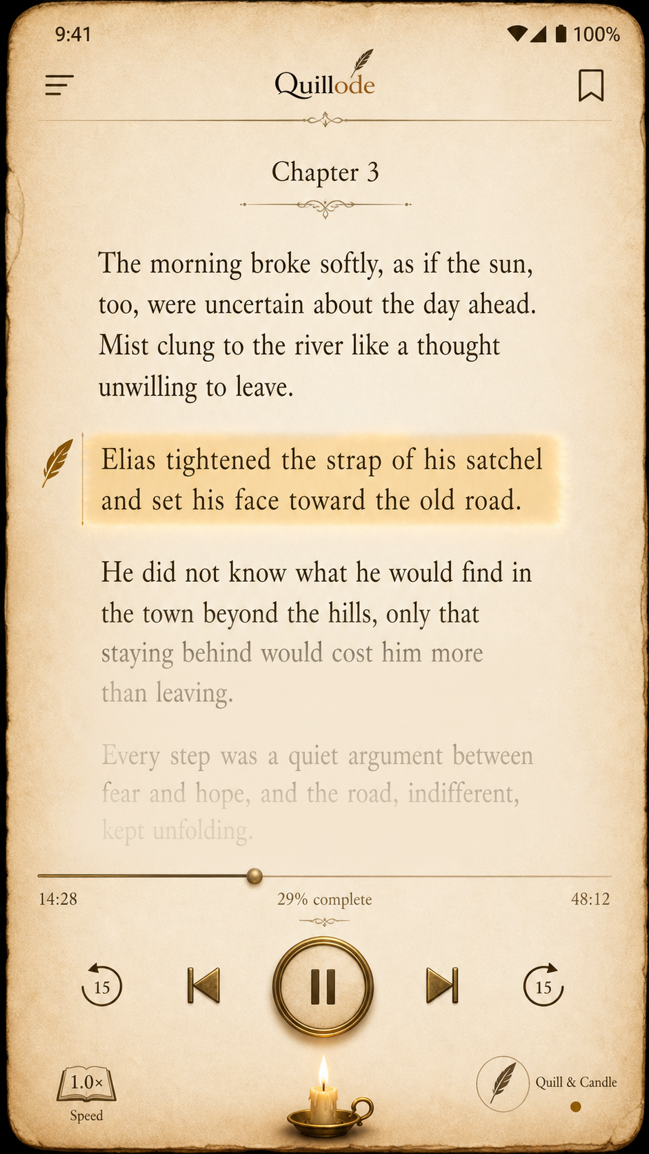 Quillode app showing a book chapter with the currently-narrated line highlighted, in the warm Quill & Candle theme